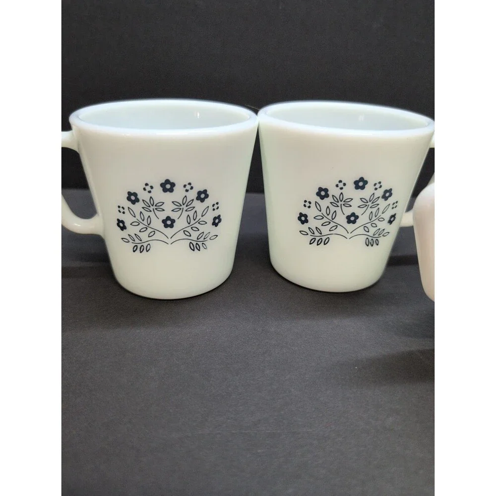 Pyrex Summer Impressions Blue Flower Coffee Cup White Milk Glass Set of 4